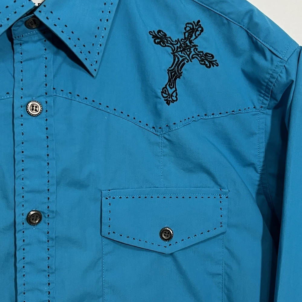 Y2K Ace Of Diamond Western‎ Shirt Turquoise Embroidered Cross Fleur De Lis Large - Picture 5 of 12